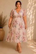 Rosa Plus Size Floral Wedding Guest Midi Dress with Sleeves