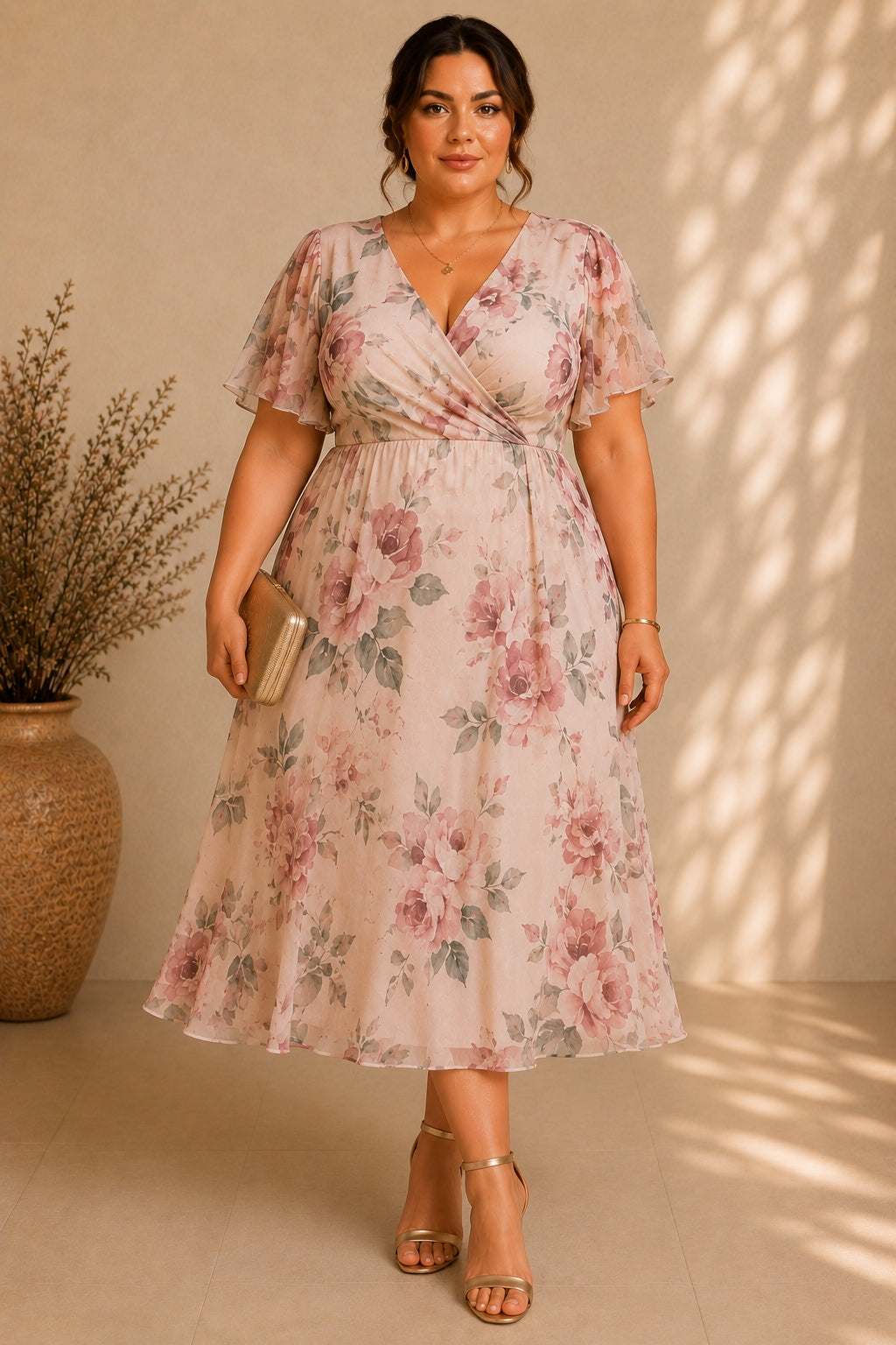 Rosa Plus Size Floral Wedding Guest Midi Dress with Sleeves