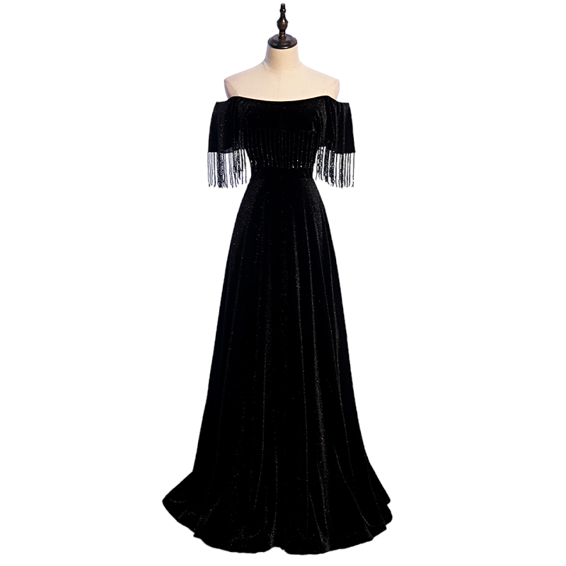 Plus Size Black Velvet Off Shoulder Evening Dress