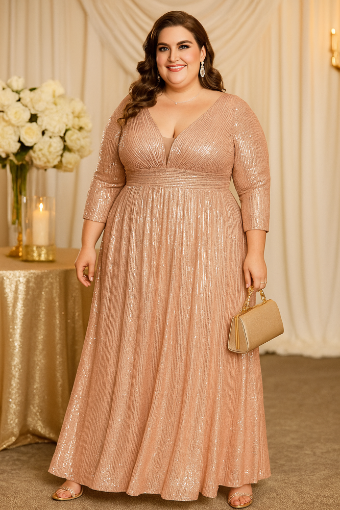 Elkin Plus Size Gold 3/4 Sleeve Gown