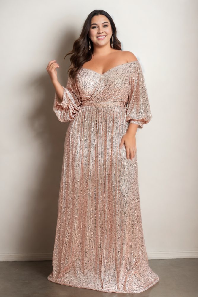 Zahra Plus Size Gold Off Shoulder Evening Dress