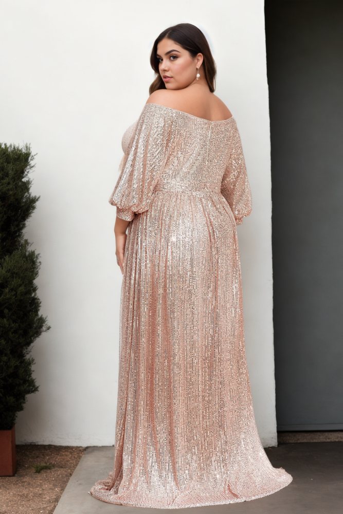 Zahra Plus Size Gold Off Shoulder Evening Dress