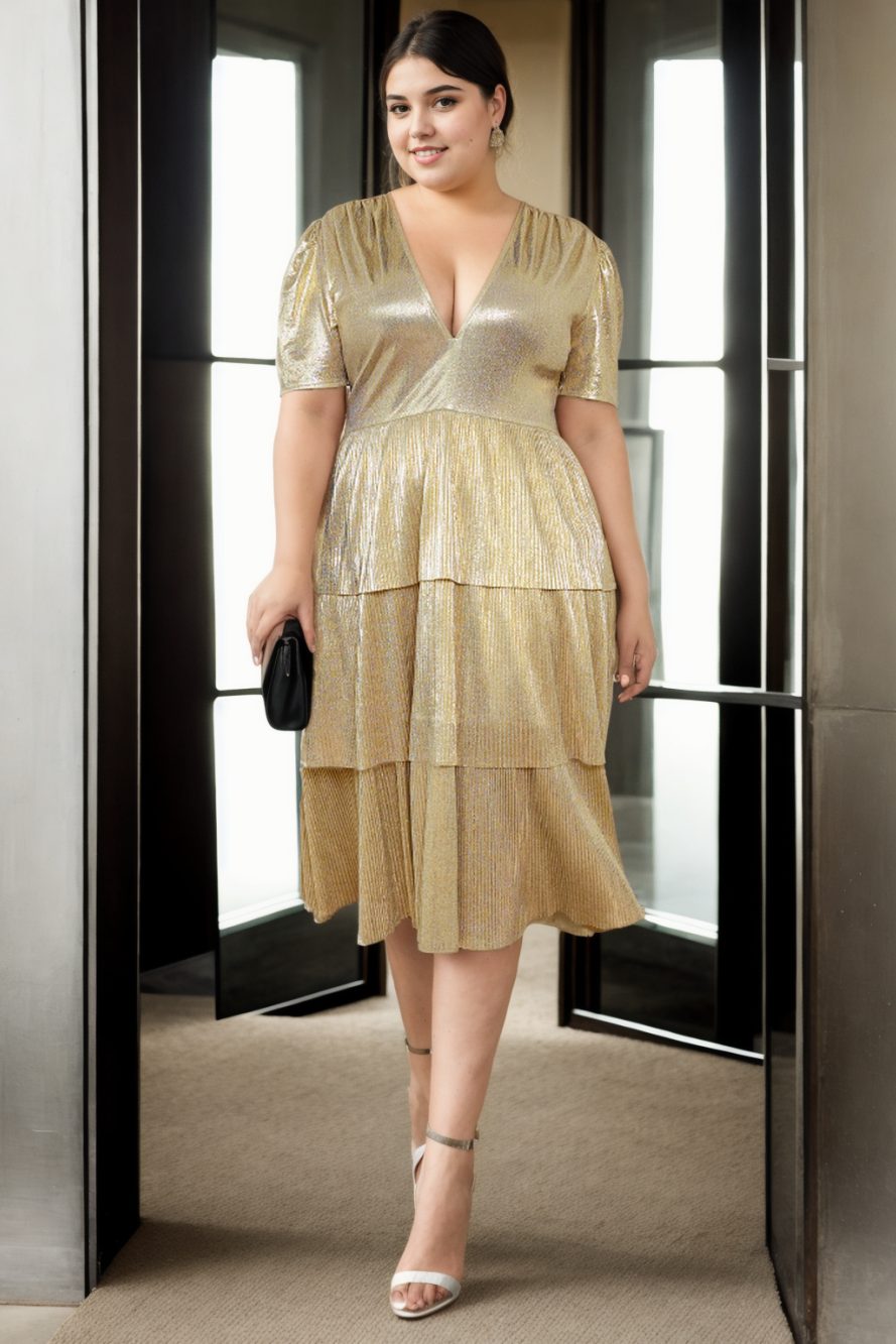 Indigo Plus Size Gold Short Sleeve Cocktail Dress