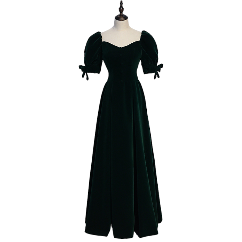 Plus Size Green Puff Sleeve Vintage Evening Dress