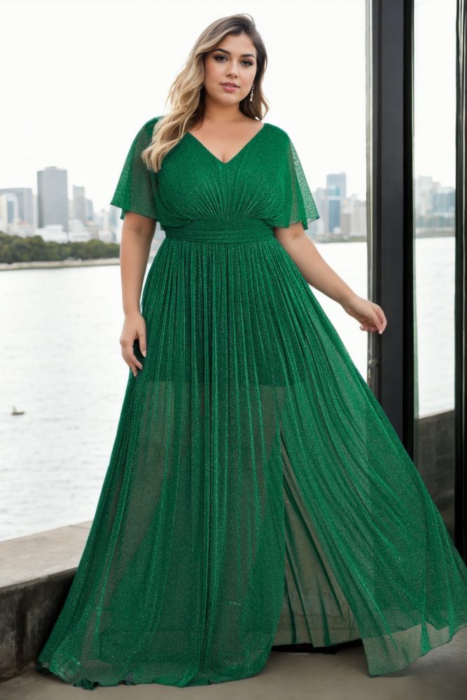 Everyleigh Plus Size Green Short Sleeve Evening Dress