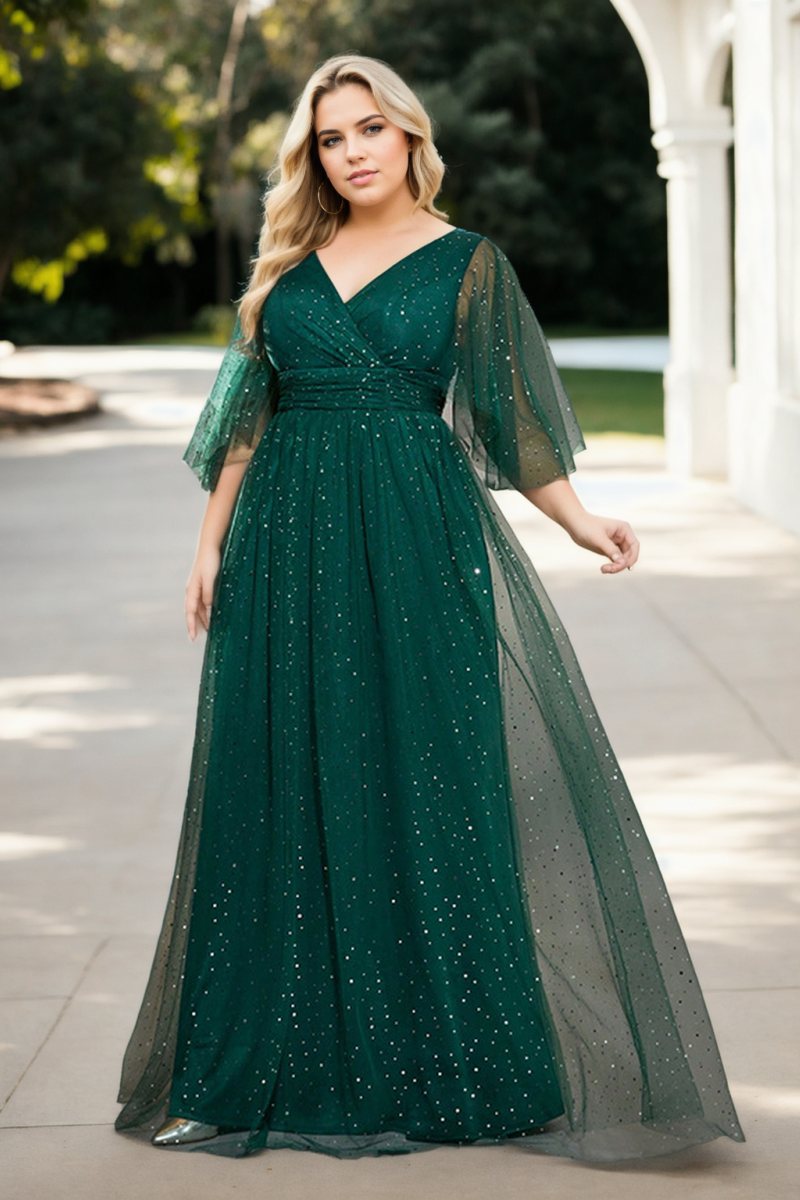 Phoenix Plus Size Green Tulle Short Sleeve Gown