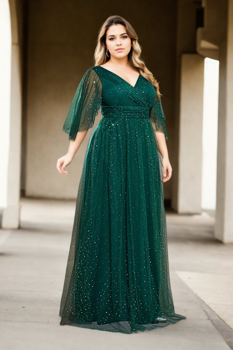 Phoenix Plus Size Green Tulle Short Sleeve Gown