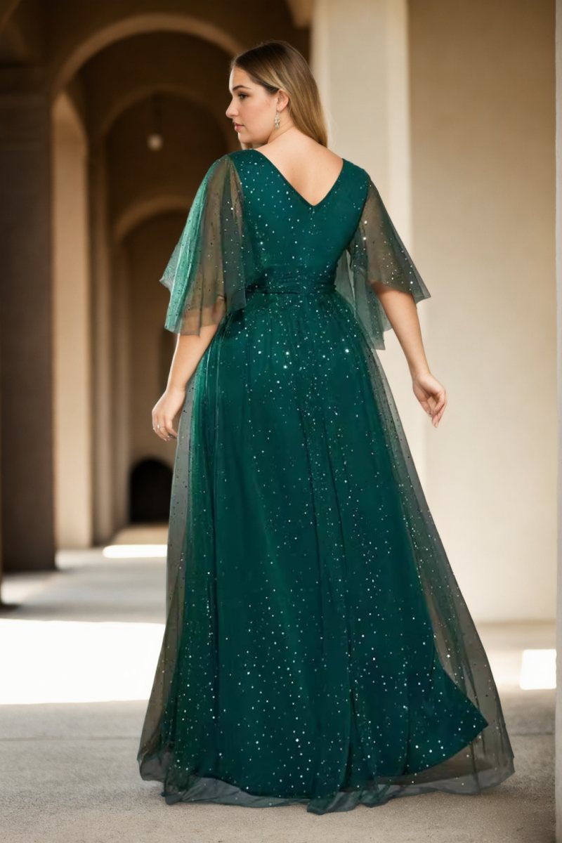 Phoenix Plus Size Green Tulle Short Sleeve Gown