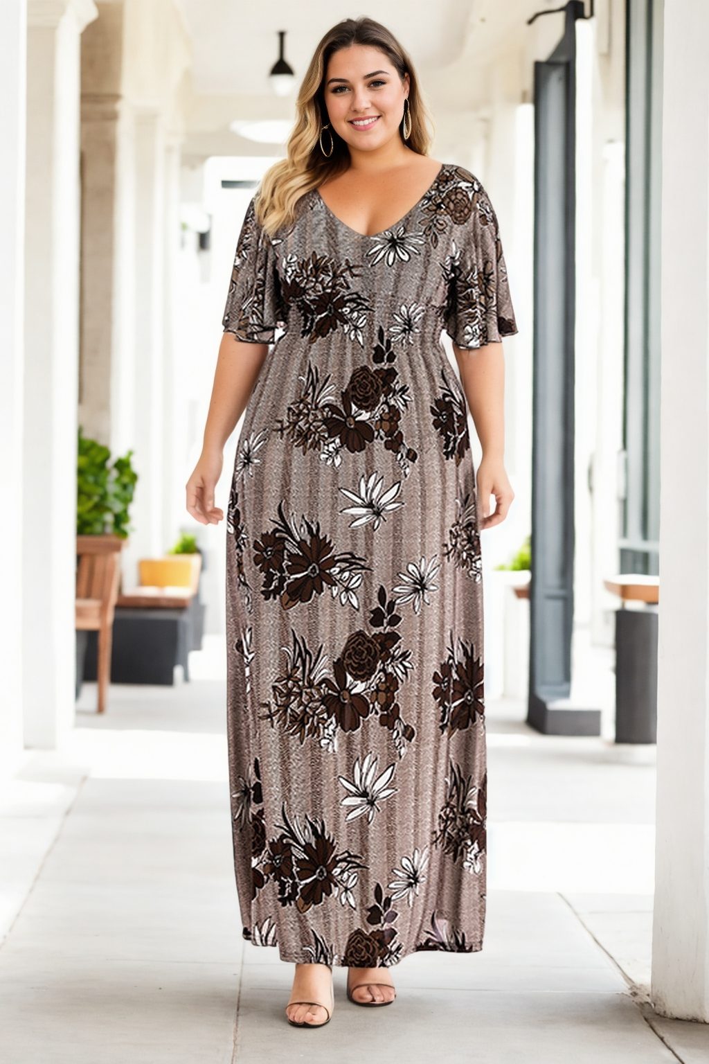 Jasmine Plus Size Knit Boho Floral V Neck Maxi Dress