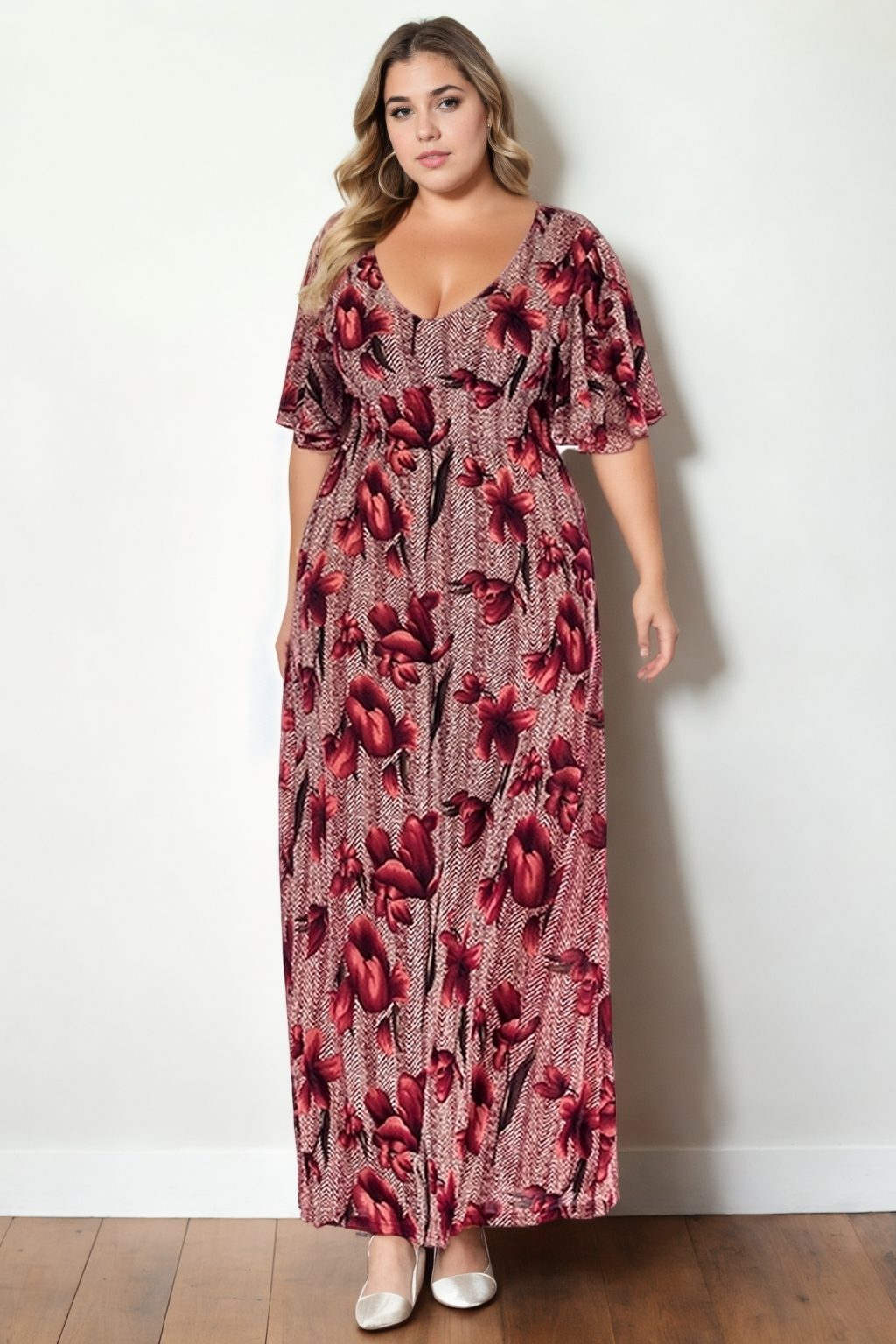 Jasmine Plus Size Knit Boho Floral V Neck Maxi Dress
