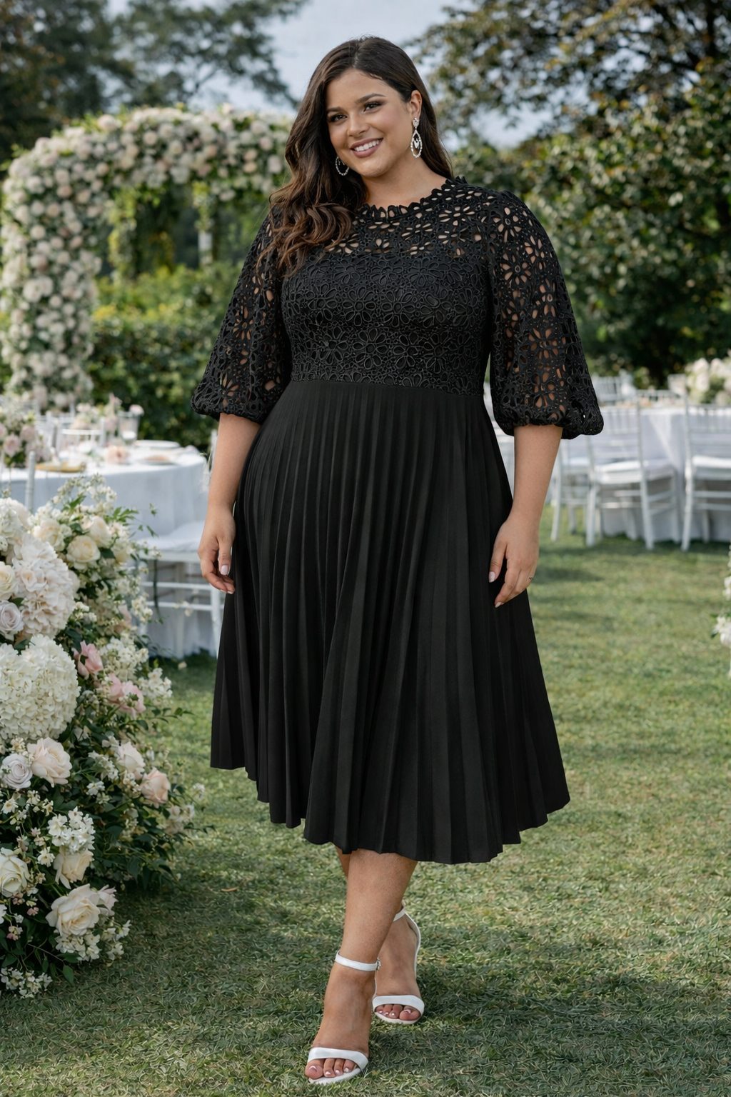 August Plus Size Lace Pleated Midi Dress