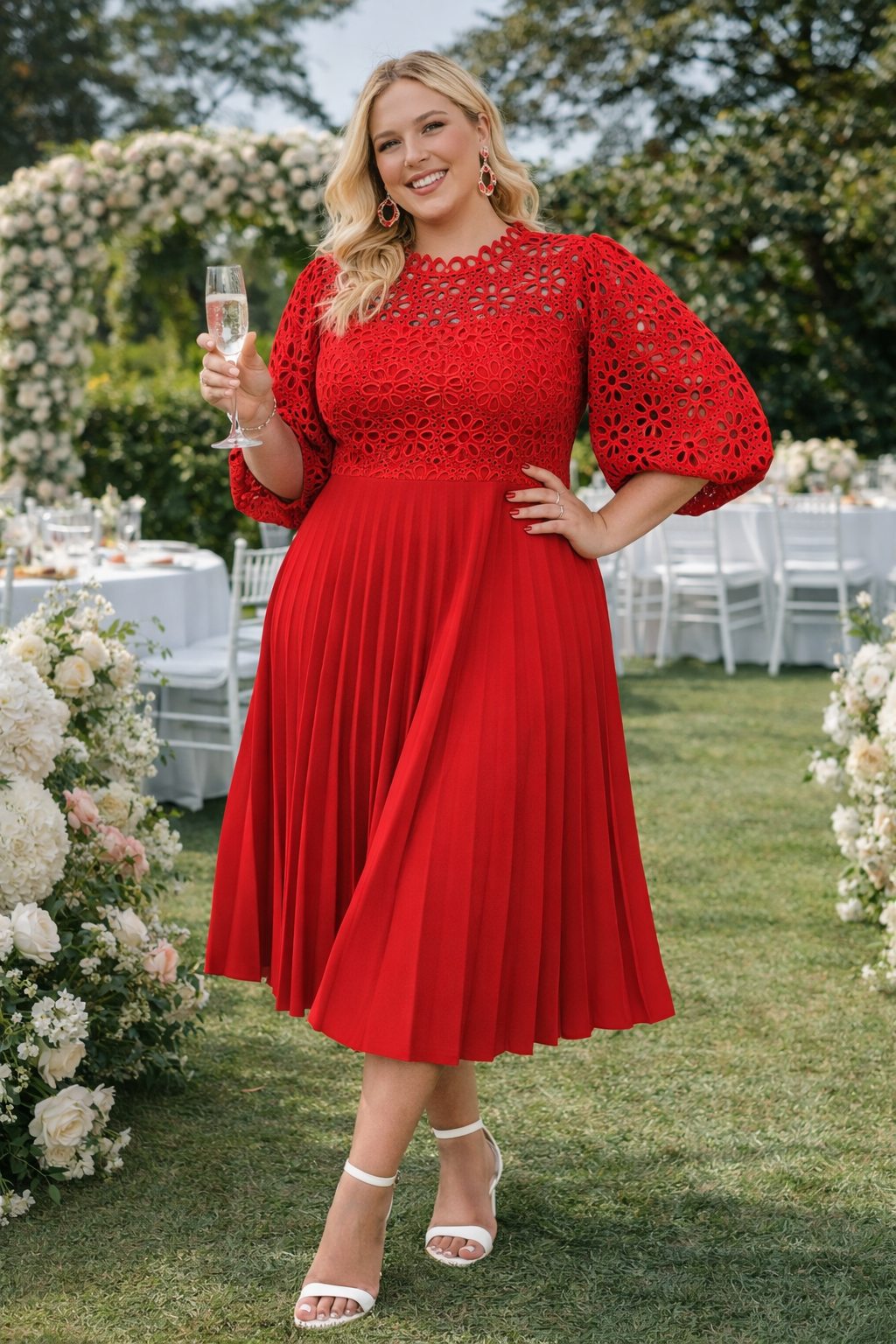 August Plus Size Lace Pleated Midi Dress