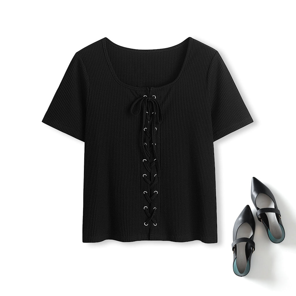 Plus Size Lace Up Square Neck Ribbed Tee