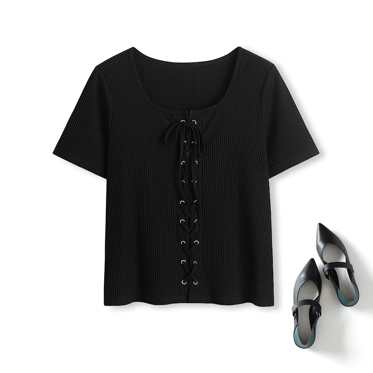 Plus Size Lace Up Square Neck Ribbed Tee