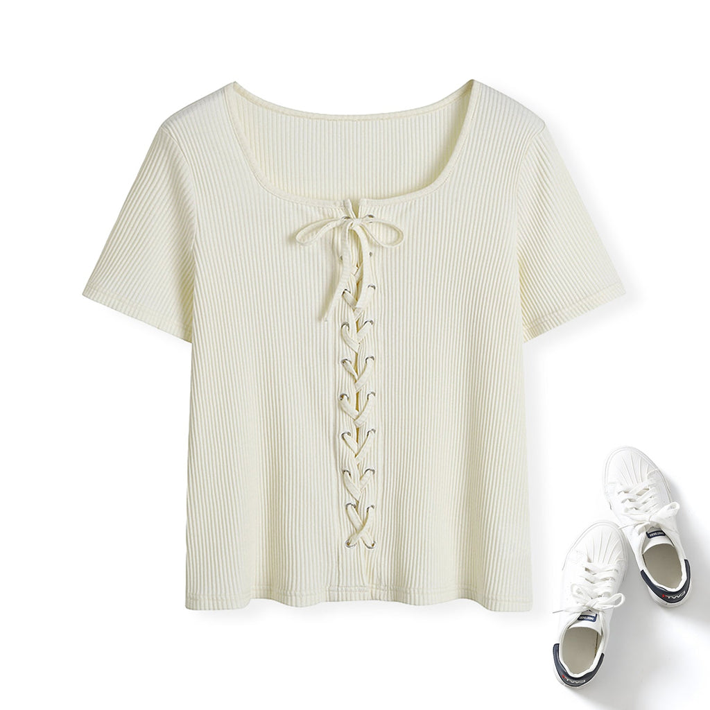Plus Size Lace Up Square Neck Ribbed Tee