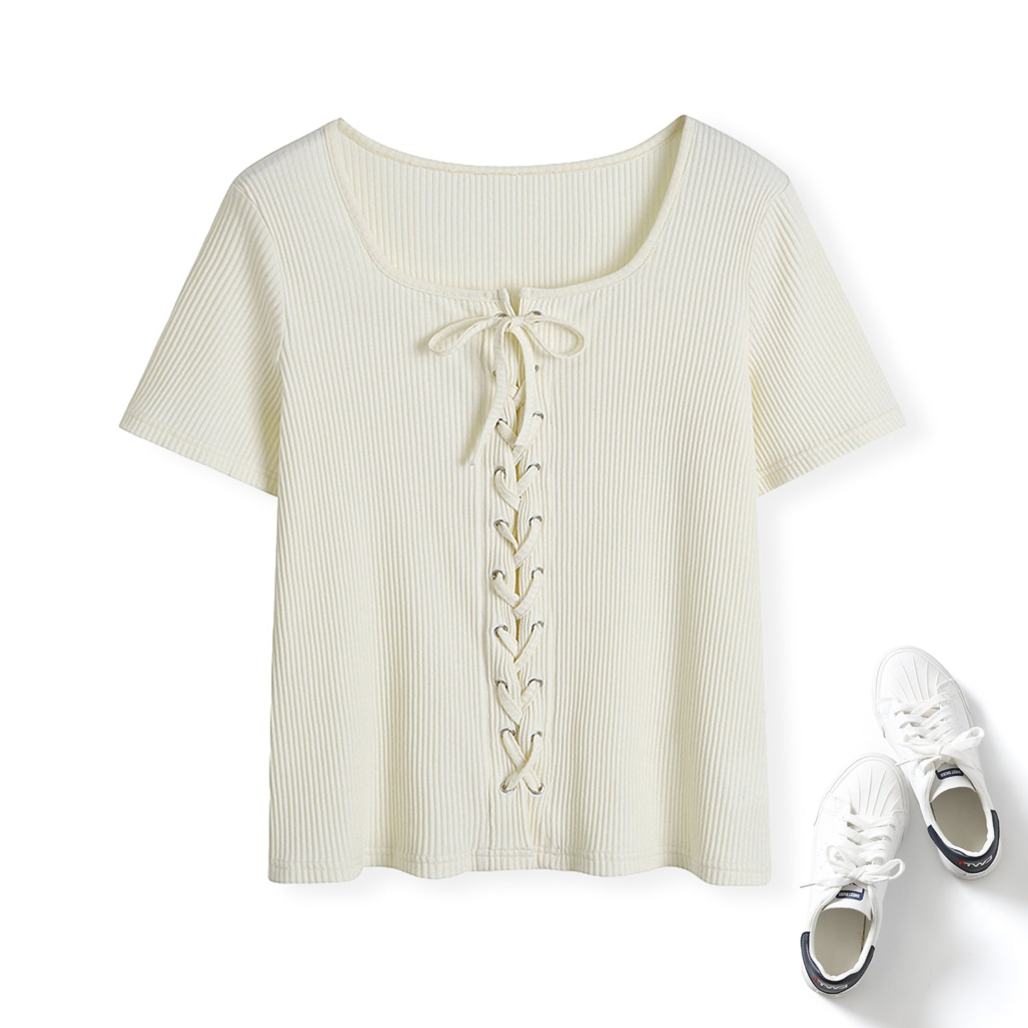 Plus Size Lace Up Square Neck Ribbed Tee