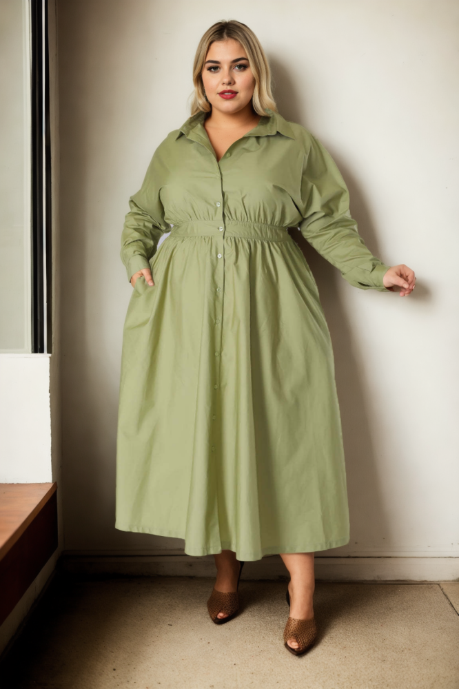 Landon Plus Size White Long Sleeve Shirt Dress