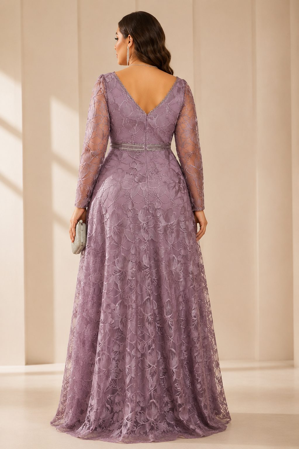 Marcella Plus Size Mauve Lace Long Sleeve Evening Gown