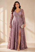 Marcella Plus Size Mauve Lace Long Sleeve Evening Gown