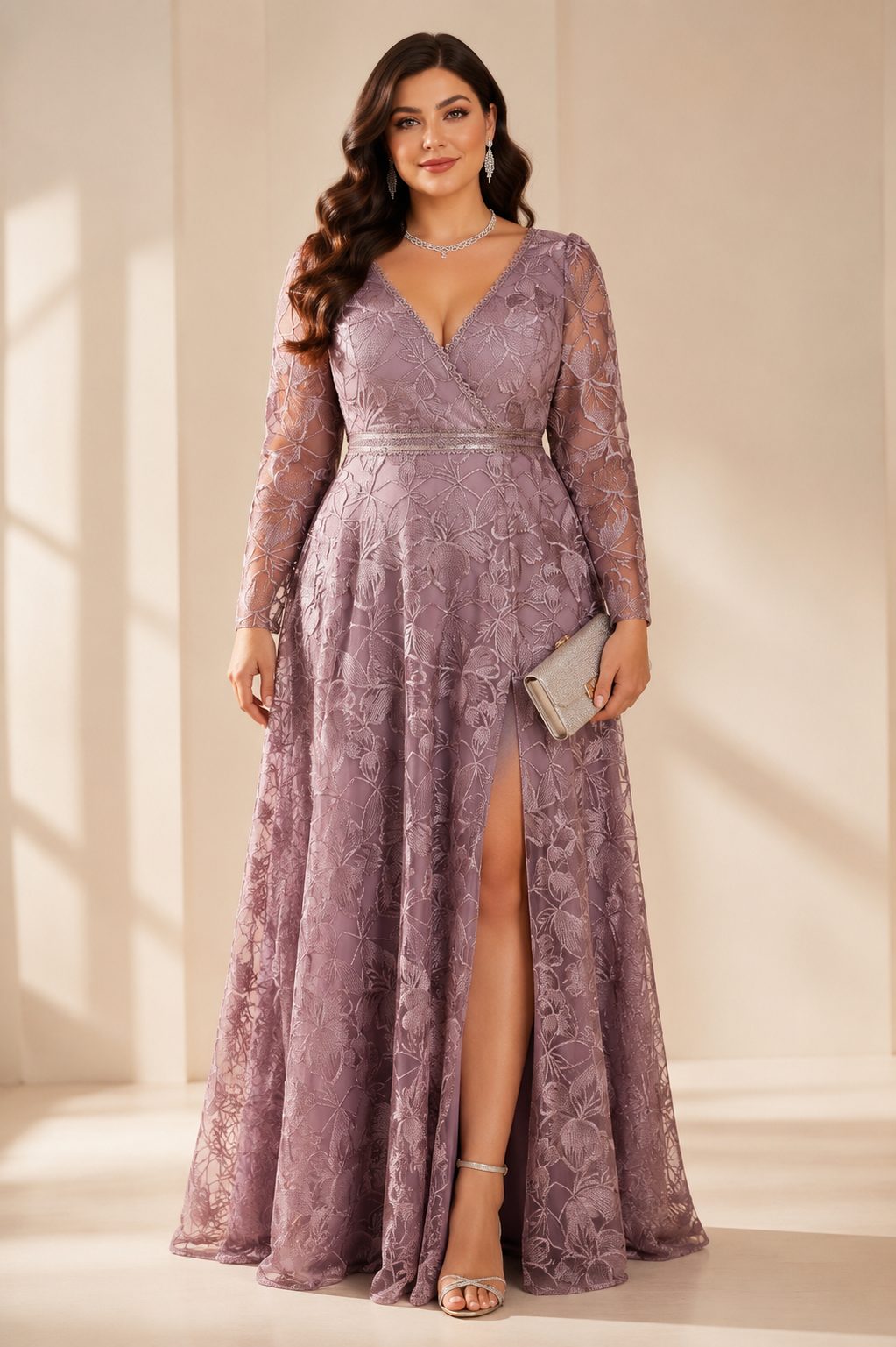 Marcella Plus Size Mauve Lace Long Sleeve Evening Gown