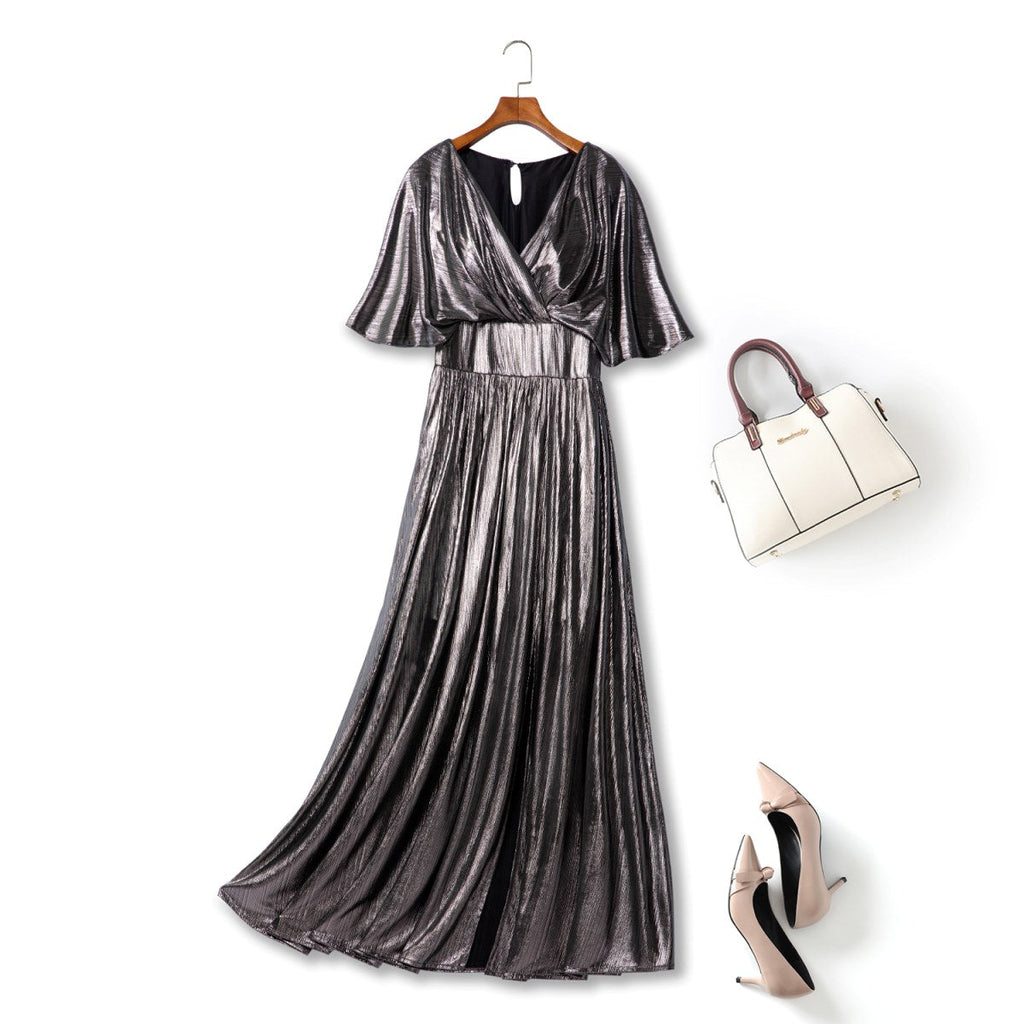 Nyra Plus Size Metallic Pleated Evening Maxi Dress
