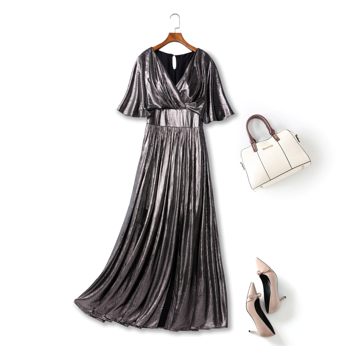 Nyra Plus Size Metallic Pleated Evening Maxi Dress