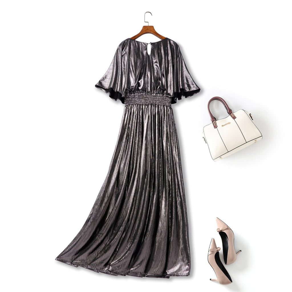 Nyra Plus Size Metallic Pleated Evening Maxi Dress