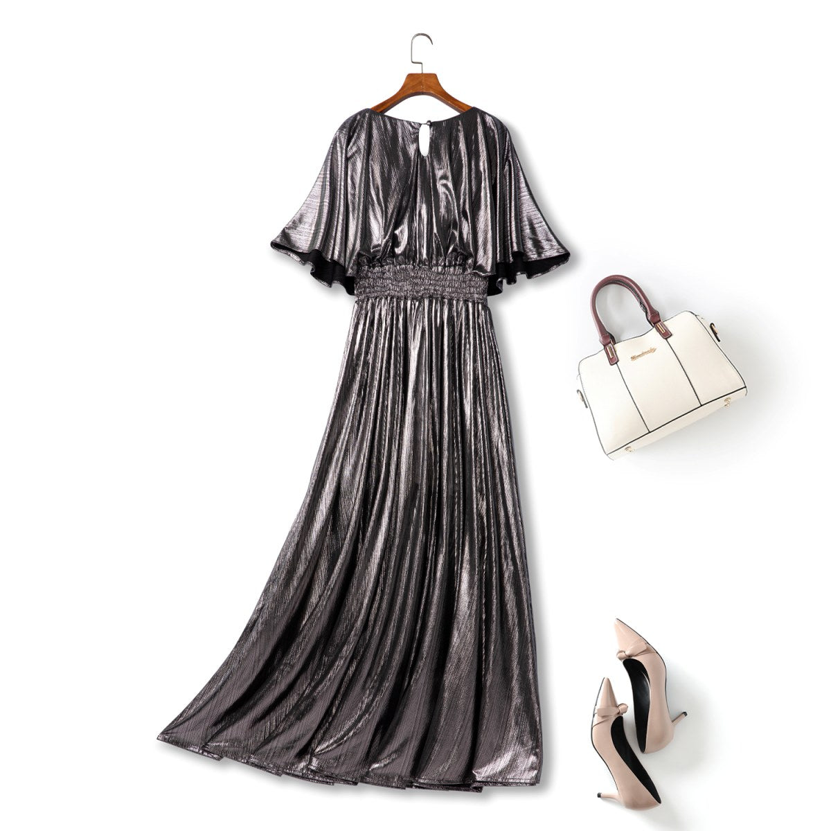 Nyra Plus Size Metallic Pleated Evening Maxi Dress