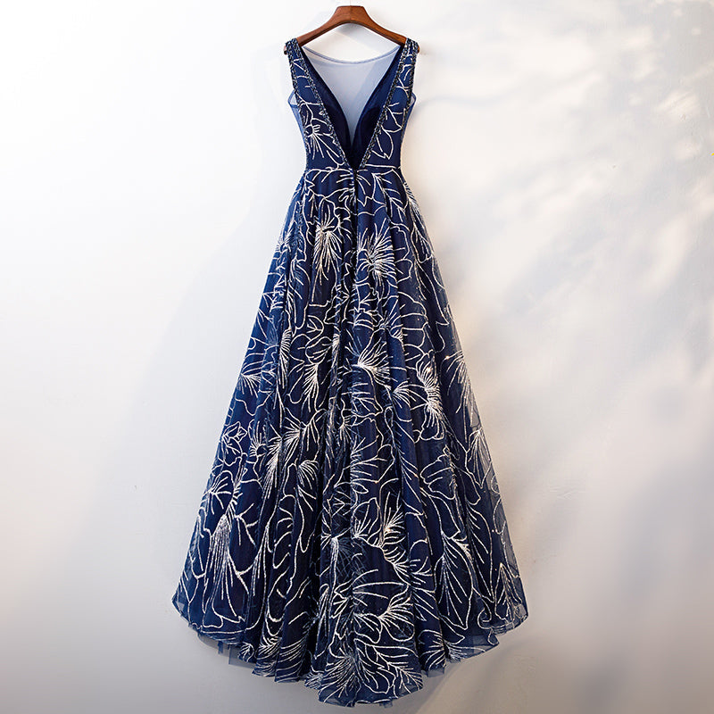 Plus Size Navy Blue Floral Gown
