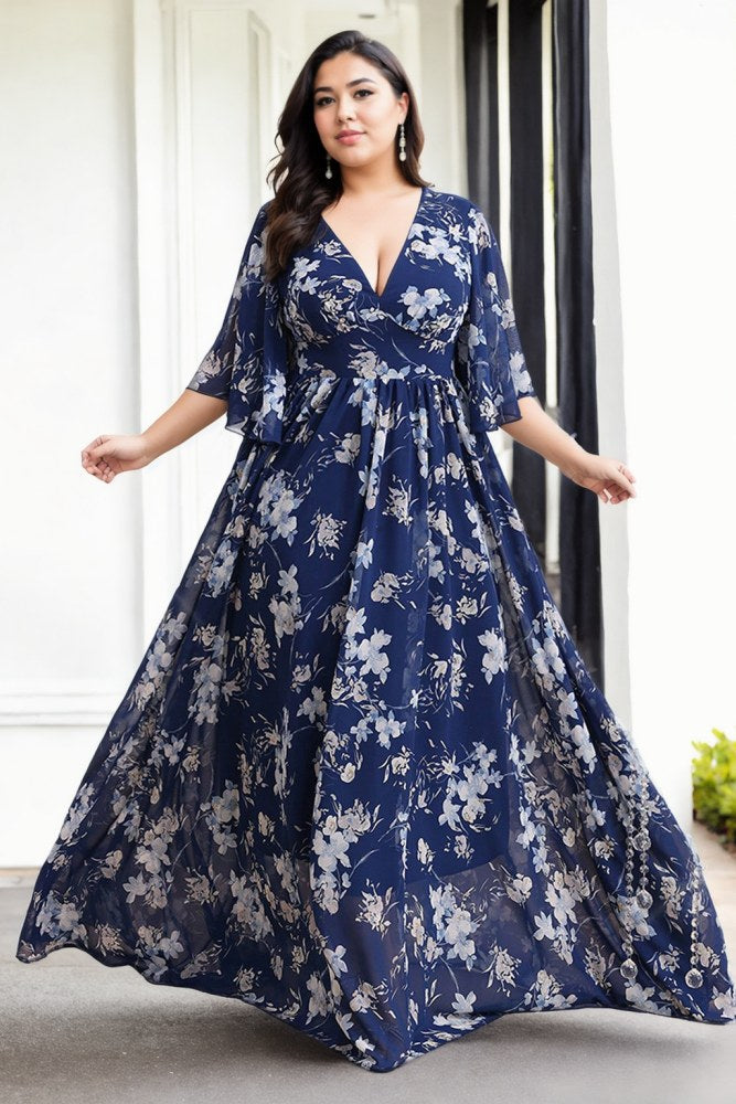 Kylie Plus Size Blue Floral Chiffon Maxi Dress