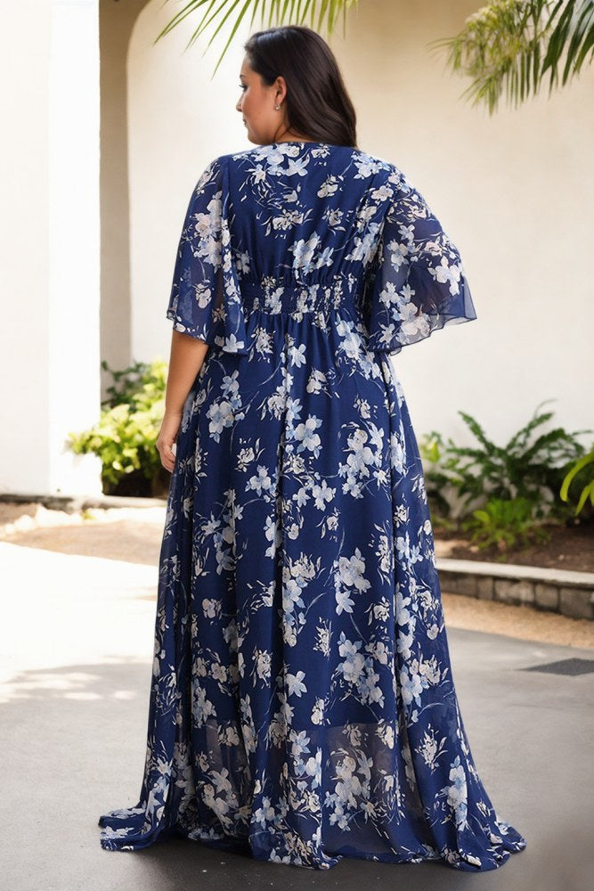 Kylie Plus Size Blue Floral Chiffon Maxi Dress