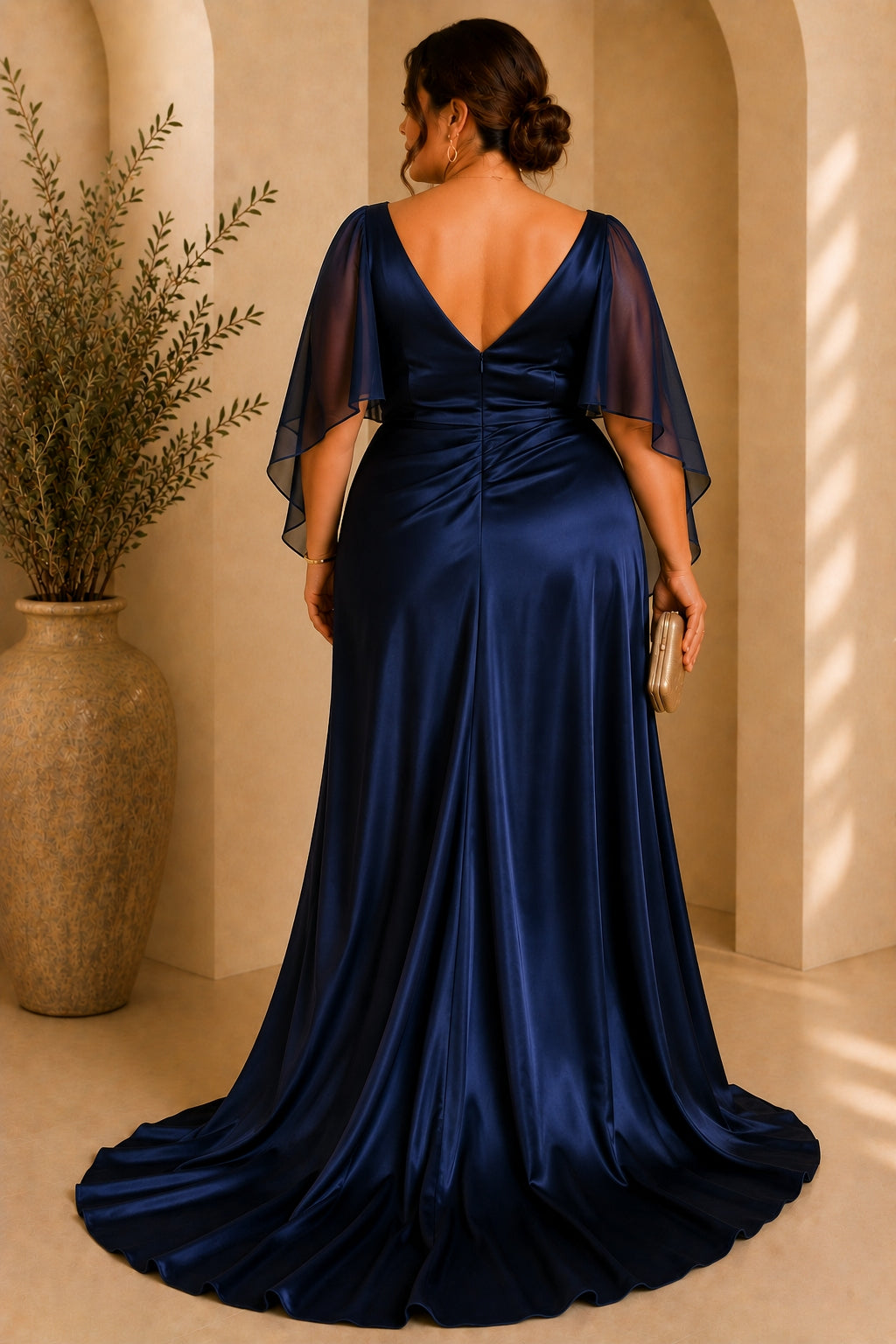 Midnight Plus Size Navy Blue Satin Evening Maxi Dress with Sleeves