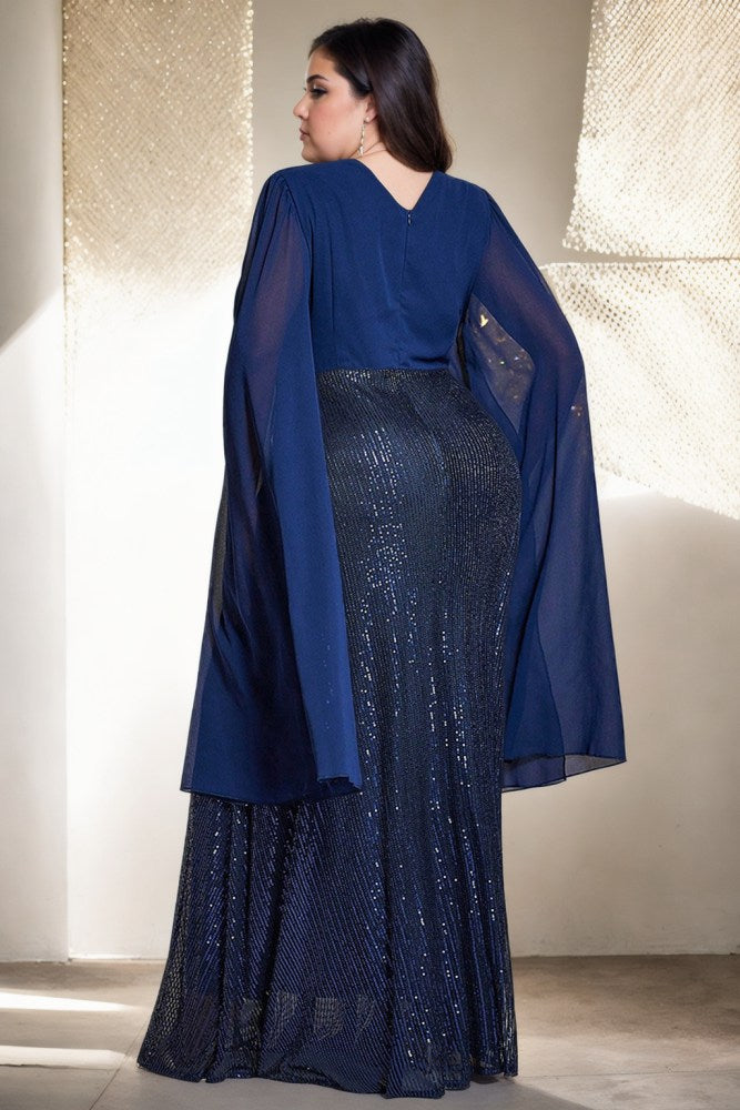 Agnetha Plus Size Navy Cape Evening Dress