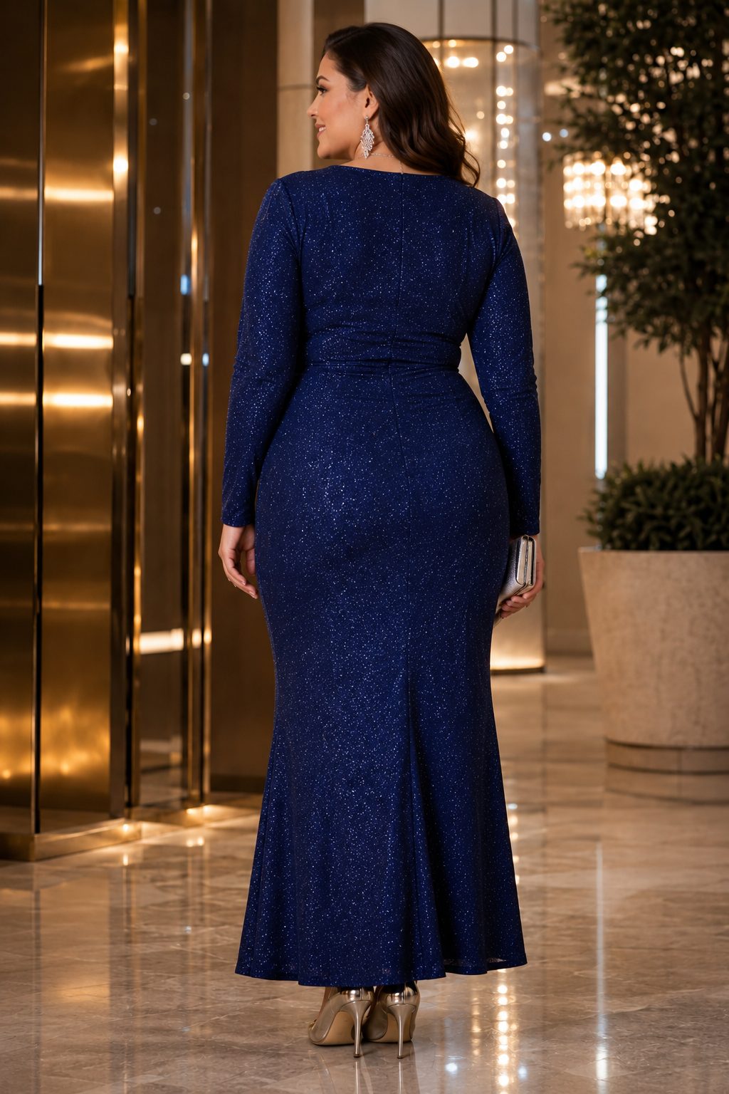 Aveline Plus Size Glitter Cocktail Long Sleeve Dress