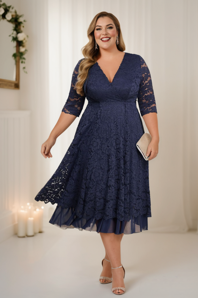 Nalini Plus Size Navy Lace Wrap Dress
