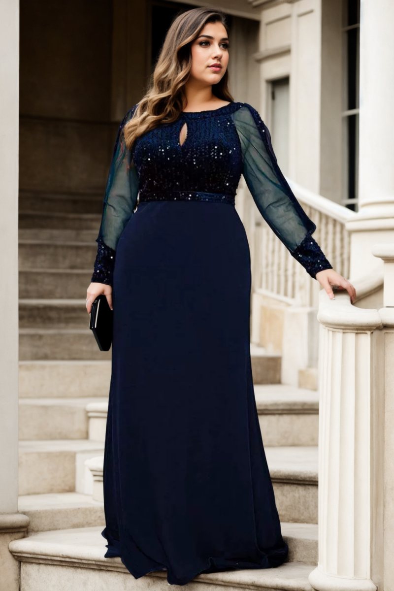 Aspen Plus Size Navy Long Sleeve Evening Dress