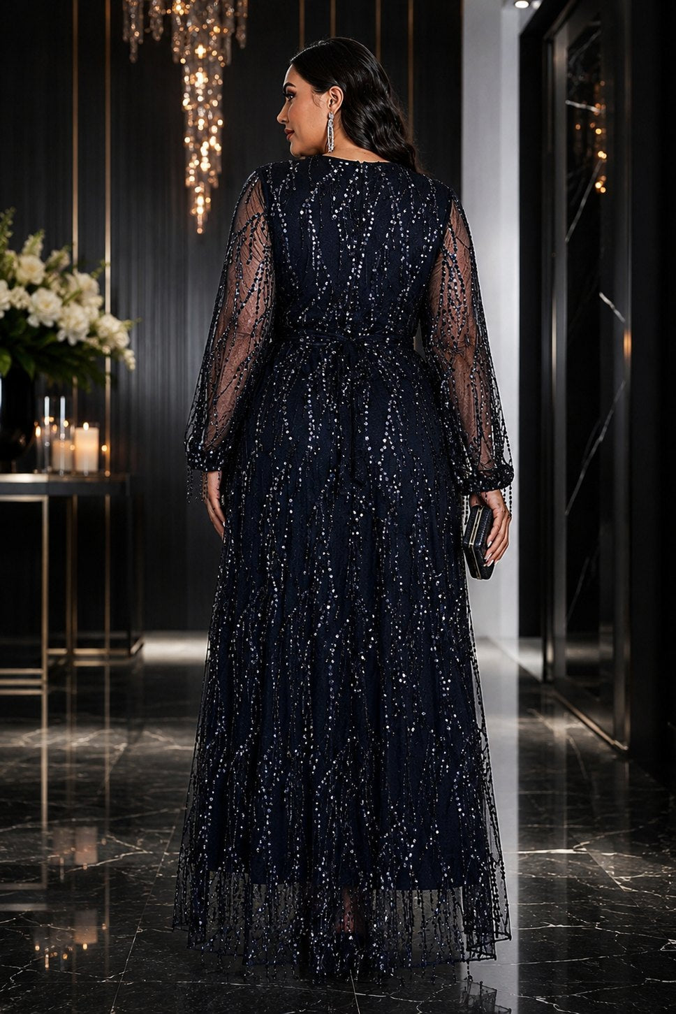 Evelina Plus Size Sequin Long Sleeve Evening Dress
