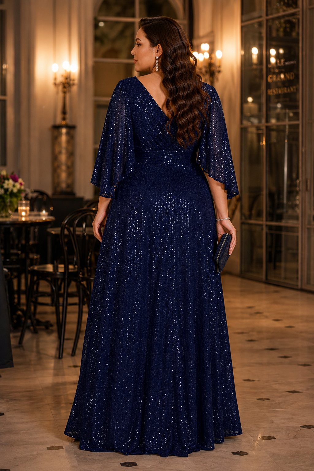 Vesper Plus Size Navy Sequin Maxi Evening Dress with Flutter Sleeves