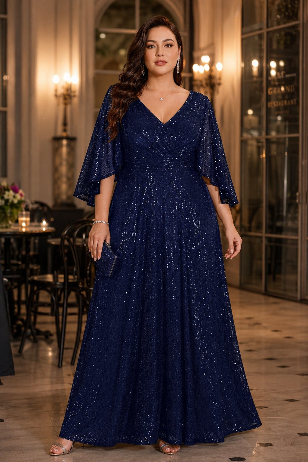 Vesper Plus Size Navy Sequin Maxi Evening Dress with Flutter Sleeves