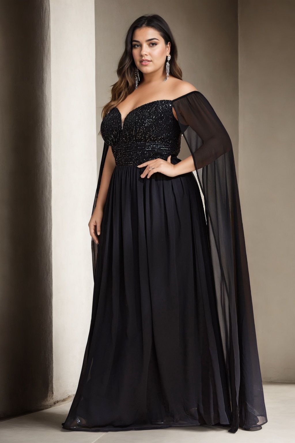 Violette Plus Size Off Shoulder Cape Sleeve Gown