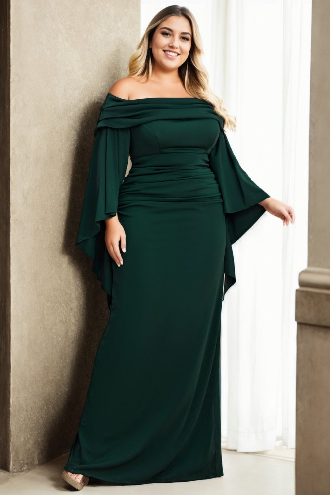 Parker Plus Size Off Shoulder Flare Sleeve Evening Dress