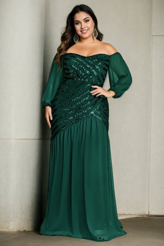 Sylvia Plus Size Off Shoulder Long Sleeve Evening Dress