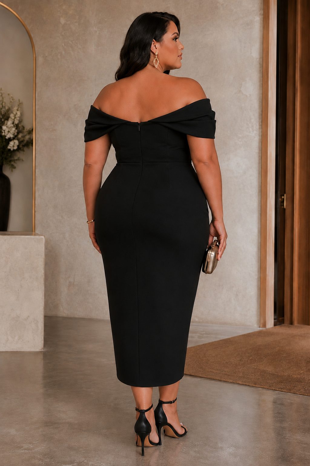 Genevieve Plus Size Off Shoulder Wrap Cocktail Midi Dress