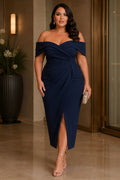 Genevieve Plus Size Off Shoulder Wrap Cocktail Midi Dress