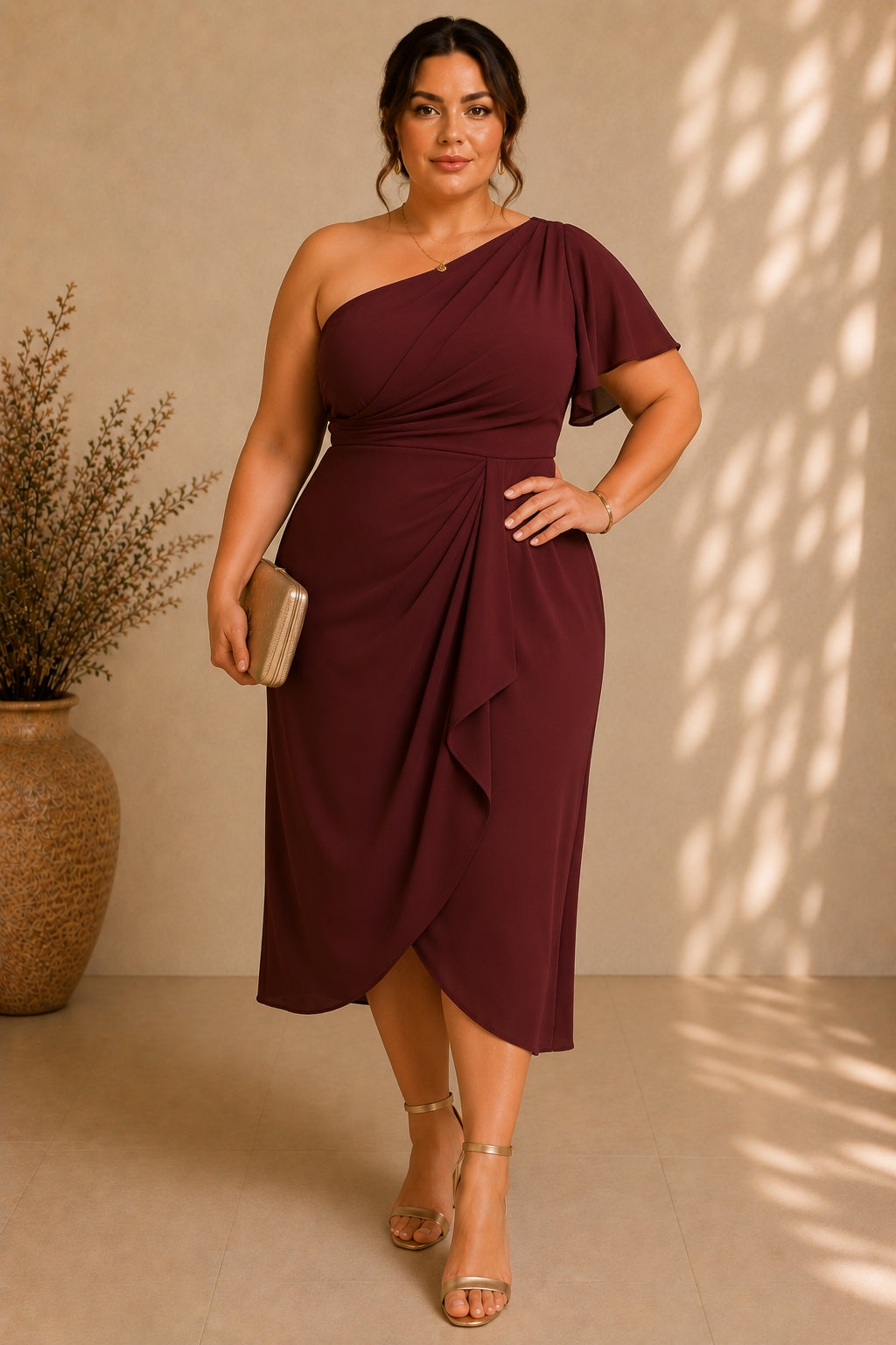 Valent Plus Size One Shoulder Cocktail Midi Dress