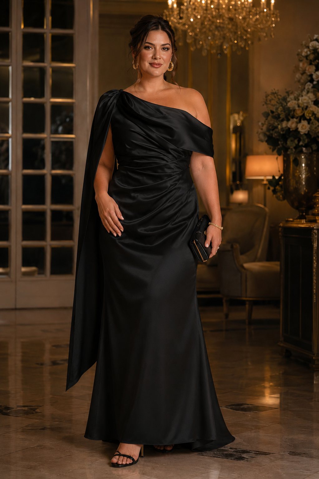 Vivienne Plus Size One Shoulder Satin Evening Dress