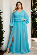 Aubrey Plus Size Peplum Long Sleeve Gown