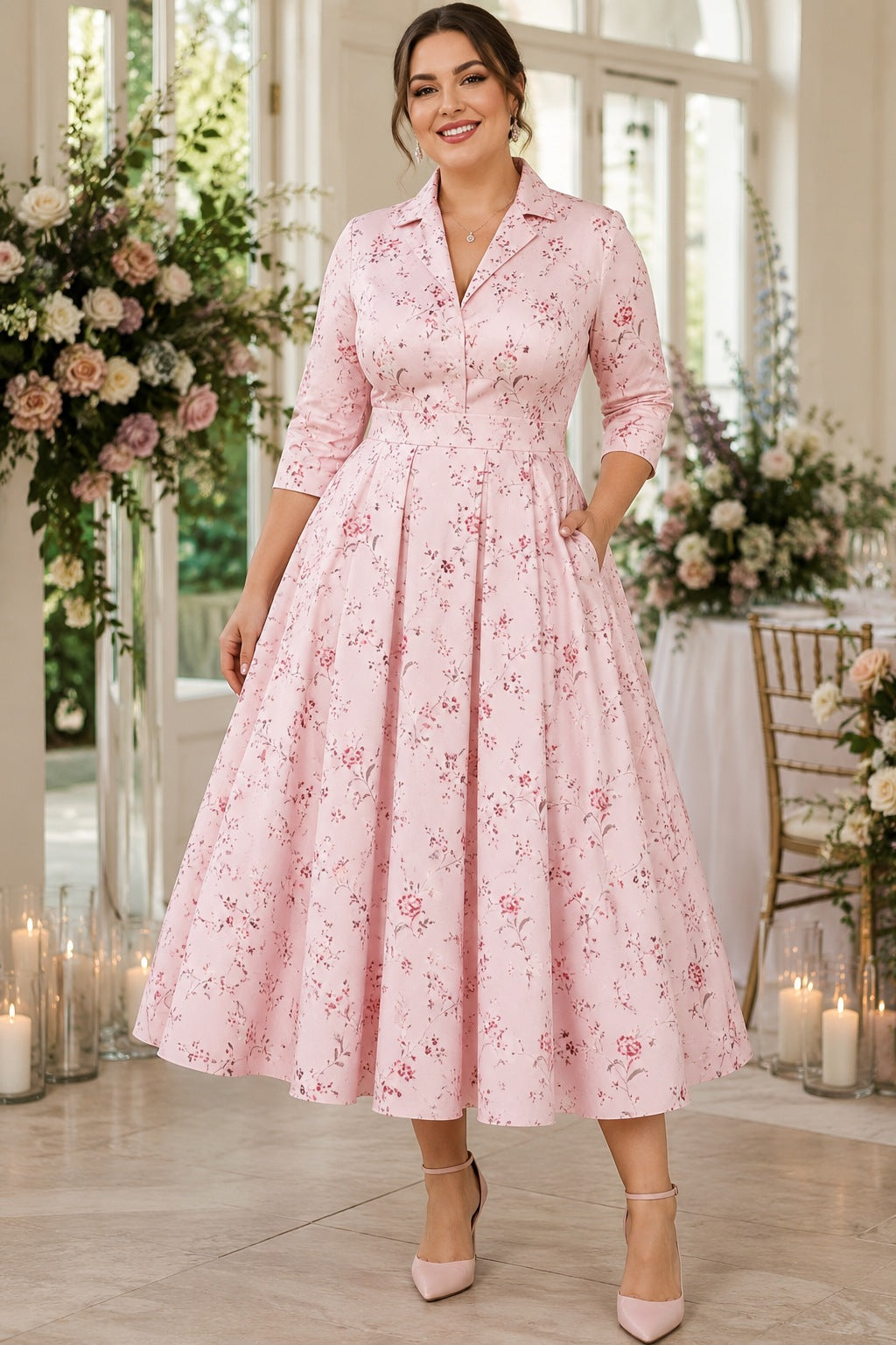 Sarah Plus Size Pink Floral Midi Shirt Dress