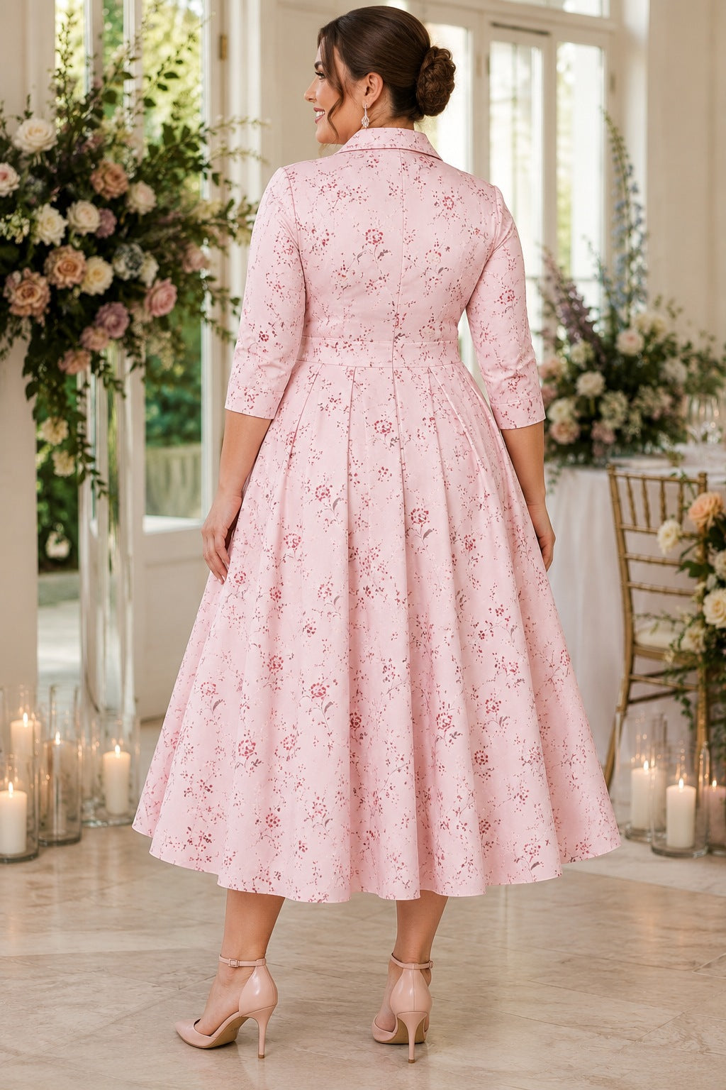 Sarah Plus Size Pink Floral Midi Shirt Dress