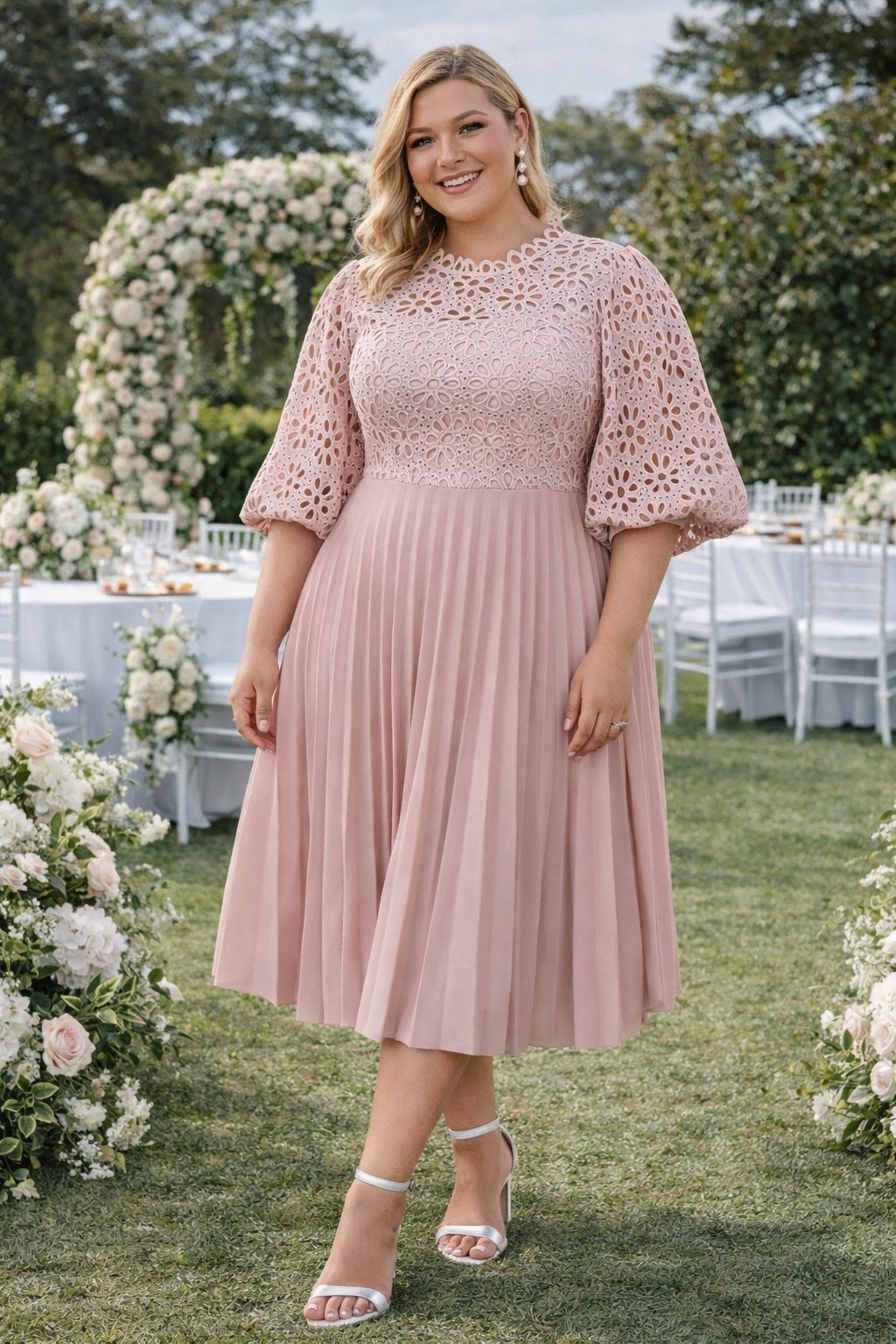 August Plus Size Lace Pleated Midi Dress